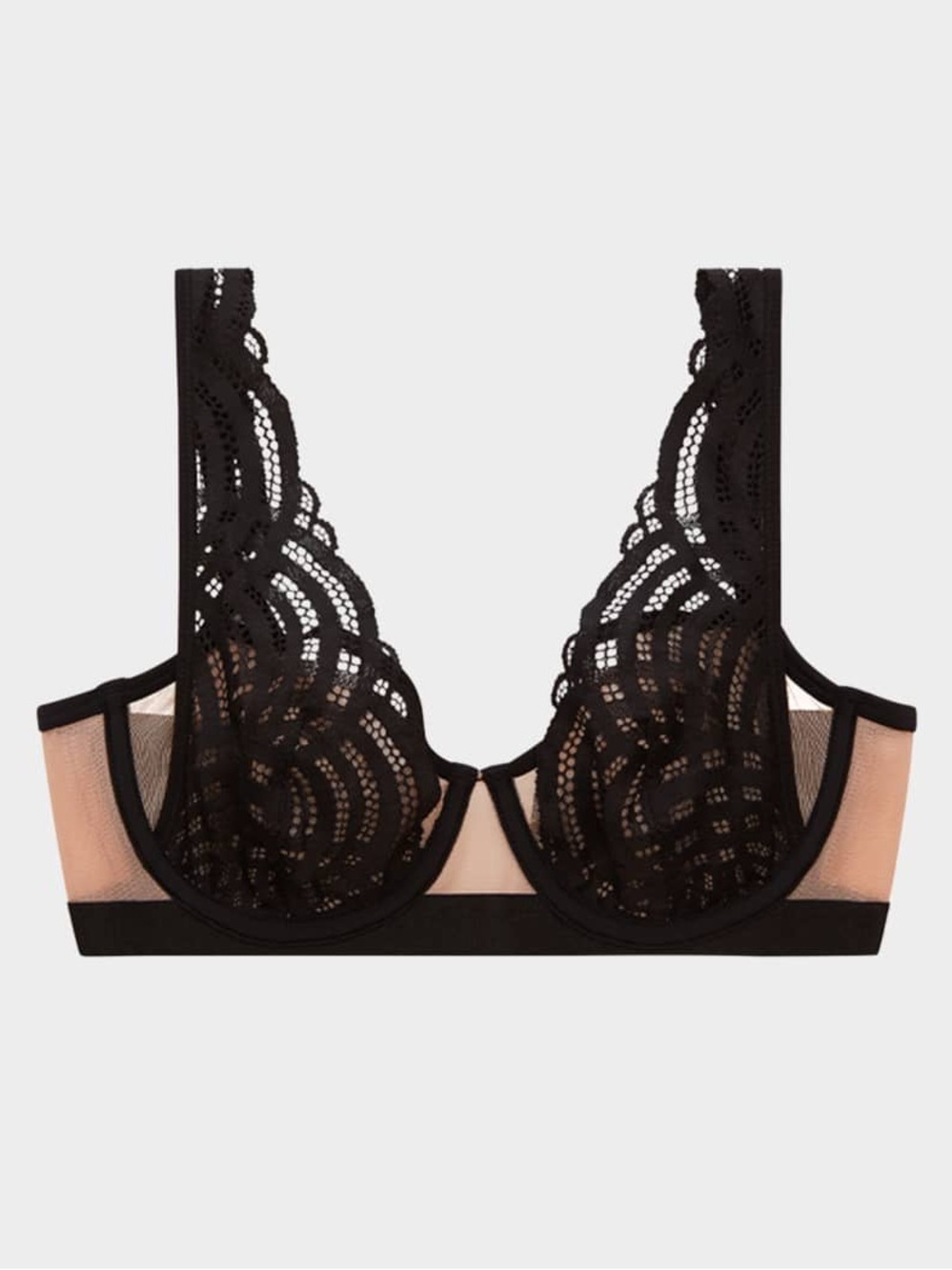 ThirdLove Black Lace Plunge Bra 40E Nude Mesh Unlined Underwire Sheer